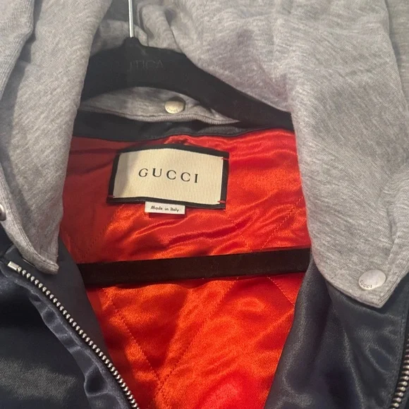 Gucci Dark Blue Satin Jacket with Light Gray Hood